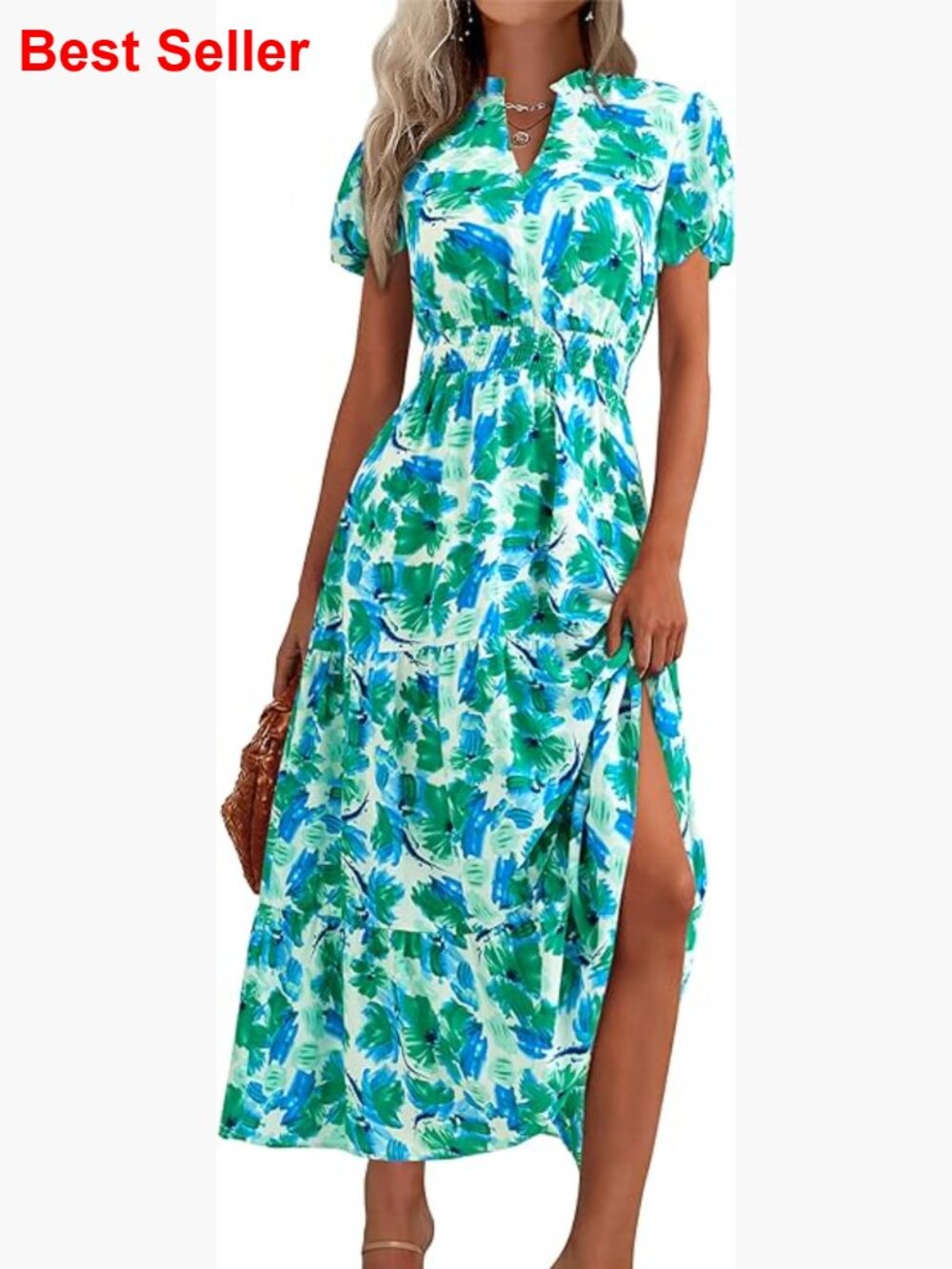 Polyester Maxi Dress V-Neck Puff Sleeve Smocked Waist Floral Casual